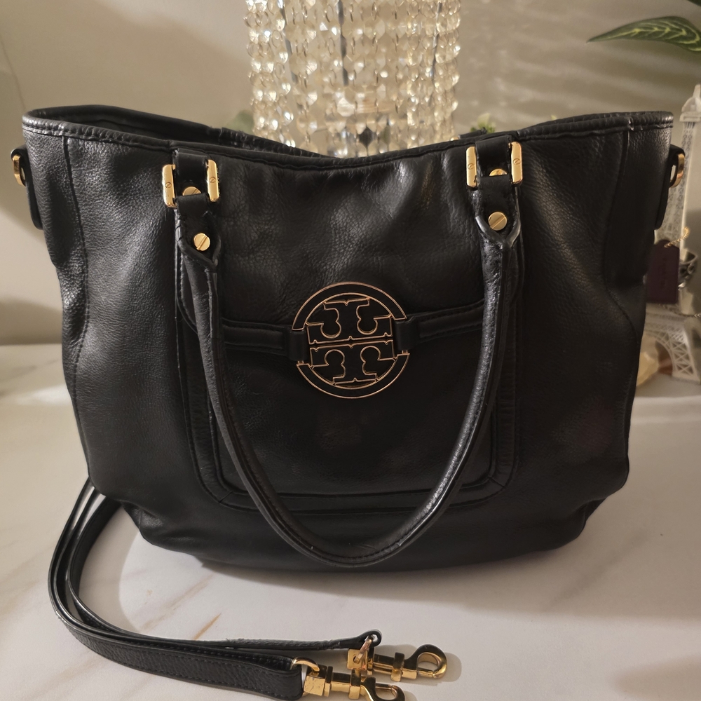 Tory Burch Black Leather Tote with Gold Logo